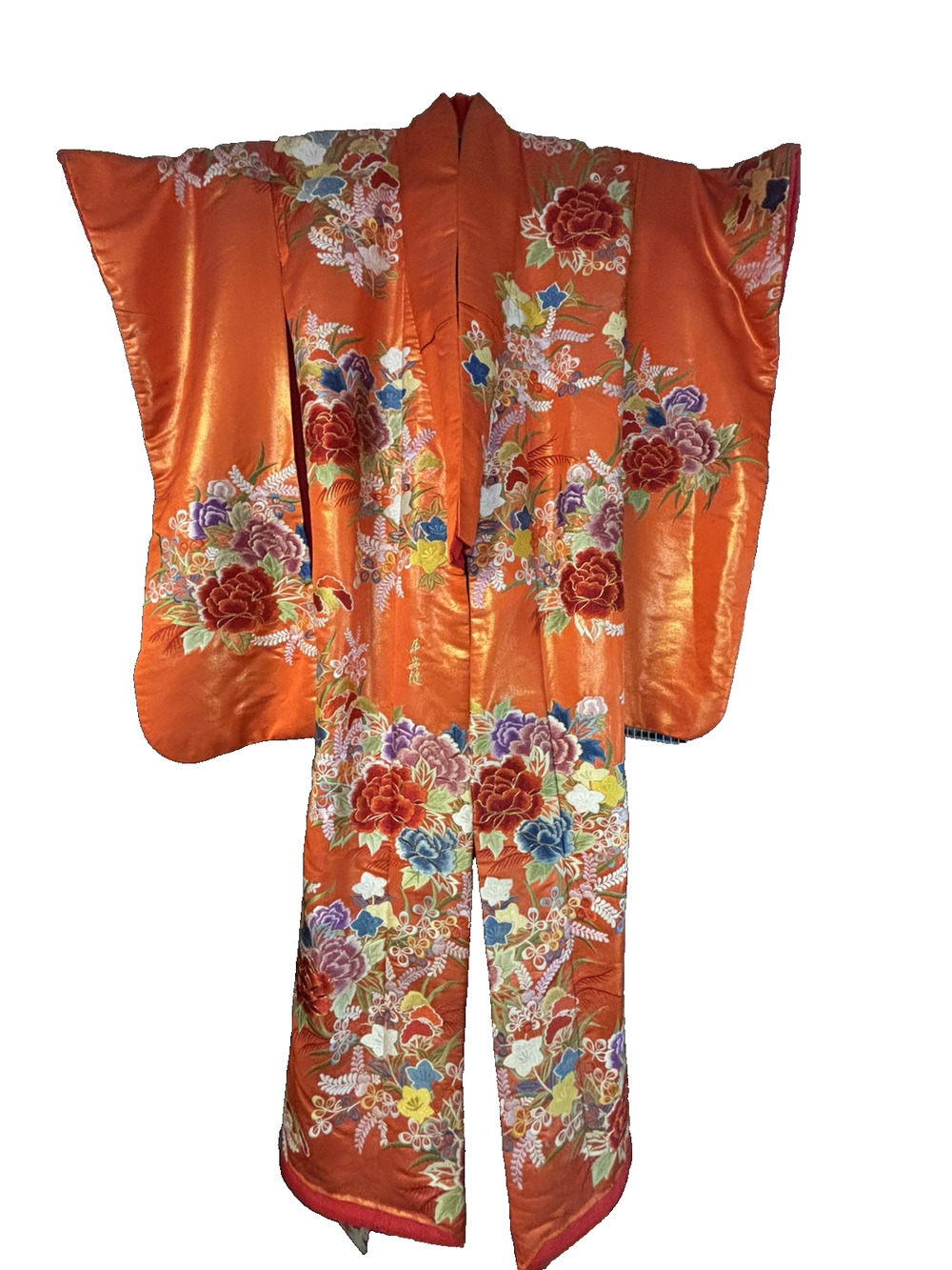 Vintage Japanese Silk Kimono Orange Floral Senju-ori Weave Signed One of A Kind